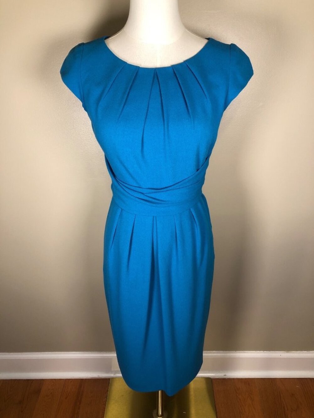 L.K. Bennett Blue Pleated Cap Sleeve Sheath Dress Size 2 Elegant Knee-Length